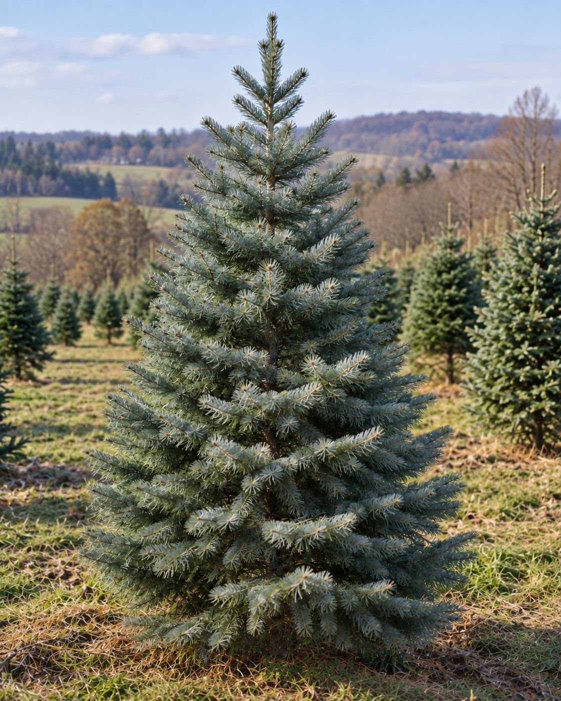 Illustrated: a sheared Concolor Fir at selling height in a farm row, long curved silvery blue-green needles, hills behind