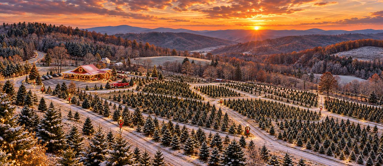 Illustrated aerial view of the farm at a winter sunset: frosted rows of Christmas trees strung with lights, wreaths on the posts, the lit store and the red pickup, mountains beyond