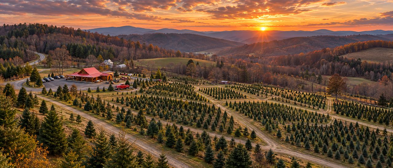 Illustrated aerial view of the farm at sunset: rows of Christmas trees, the red-roof store, the red pickup, and the Blue Ridge mountains beyond