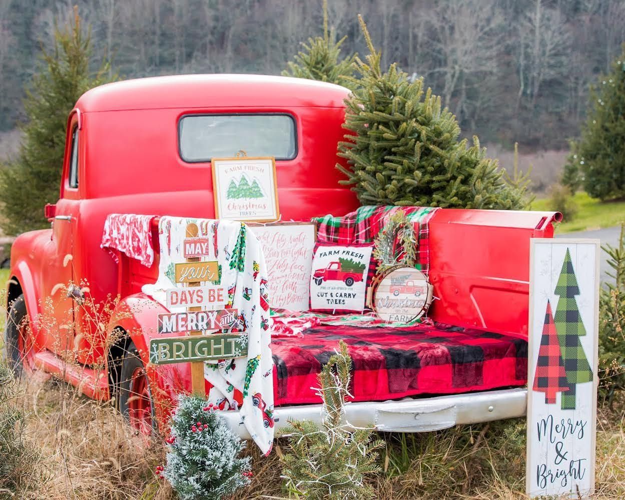 The red pickup’s bed dressed with plaid blankets and Christmas signs for photo sessions